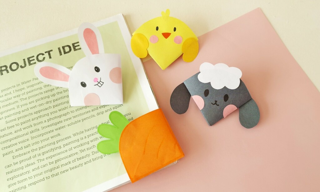 4 Quick & Easy Corner Bookmarks (Free Template + Video) 1 4 handmade corner bookmarks including bunny, chick, sheep, and carrot designs made from paper