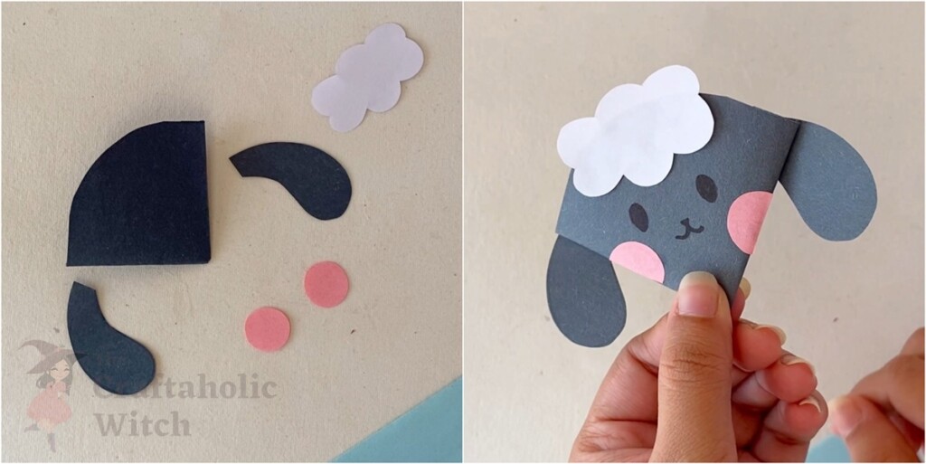 4 Quick & Easy Corner Bookmarks (Free Template + Video) 13 Sheep-themed origami bookmark with white wool and pink cheeks