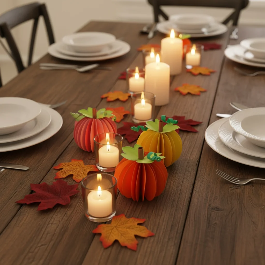 Easy 3D Paper Pumpkin to Make with Kids (with Video) 5 Create a cozy fall table with DIY 3D paper pumpkins, warm candles, and colorful autumn leaves. A perfect Thanksgiving centerpiece idea for rustic dining decor.”