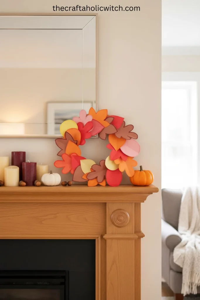 How to Make a Fall Paper Leaf Wreath (+ Free Template) 18 DIY fall paper leaf wreath displayed on fireplace mantel with candles, pumpkins, and seasonal decor for cozy living room styling