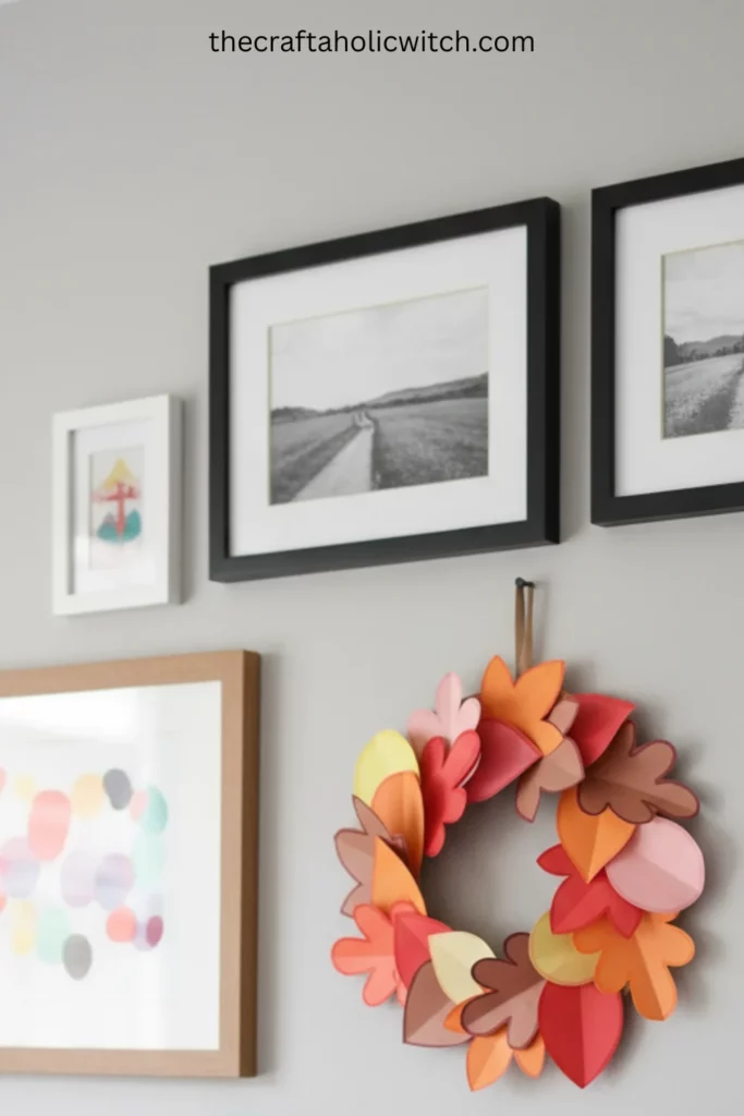 How to Make a Fall Paper Leaf Wreath (+ Free Template) 14 DIY fall wreath incorporated into existing gallery wall with picture frames for dimensional seasonal wall decor