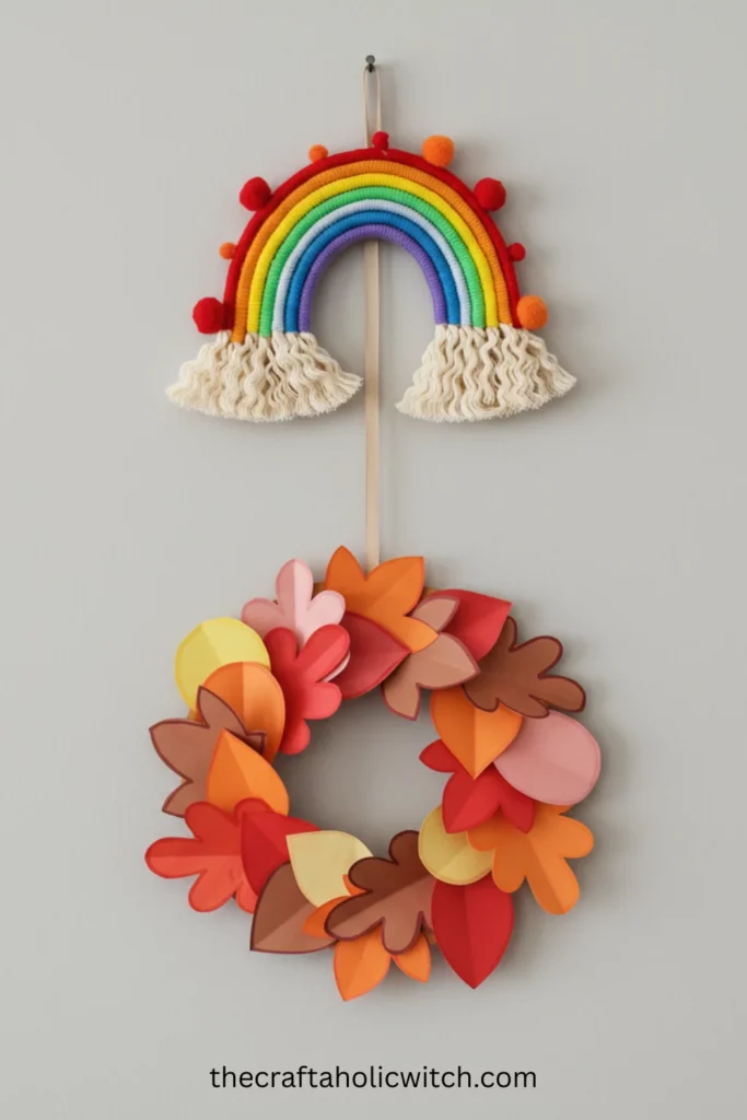 How to Make a Fall Paper Leaf Wreath (+ Free Template) 17 Fall paper leaf wreath hanging below rainbow wall hanging on same nail, vertical stacked display idea for space-saving seasonal decor