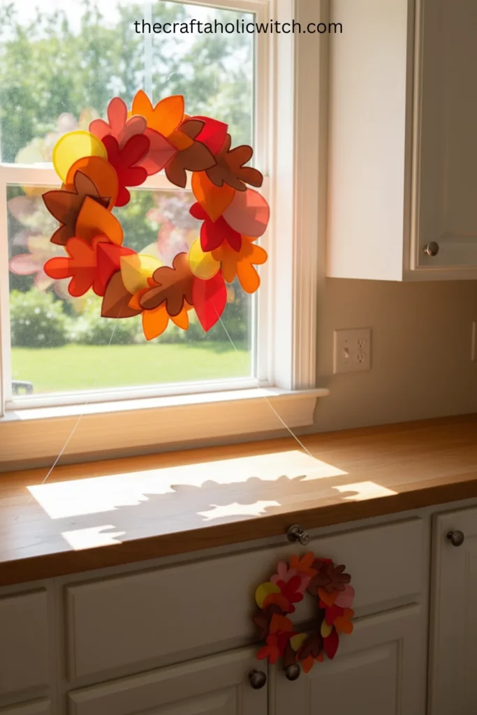 How to Make a Fall Paper Leaf Wreath (+ Free Template) 15 Paper leaf wreath used as dining table centerpiece laid flat with hurricane candle in center for fall table decor