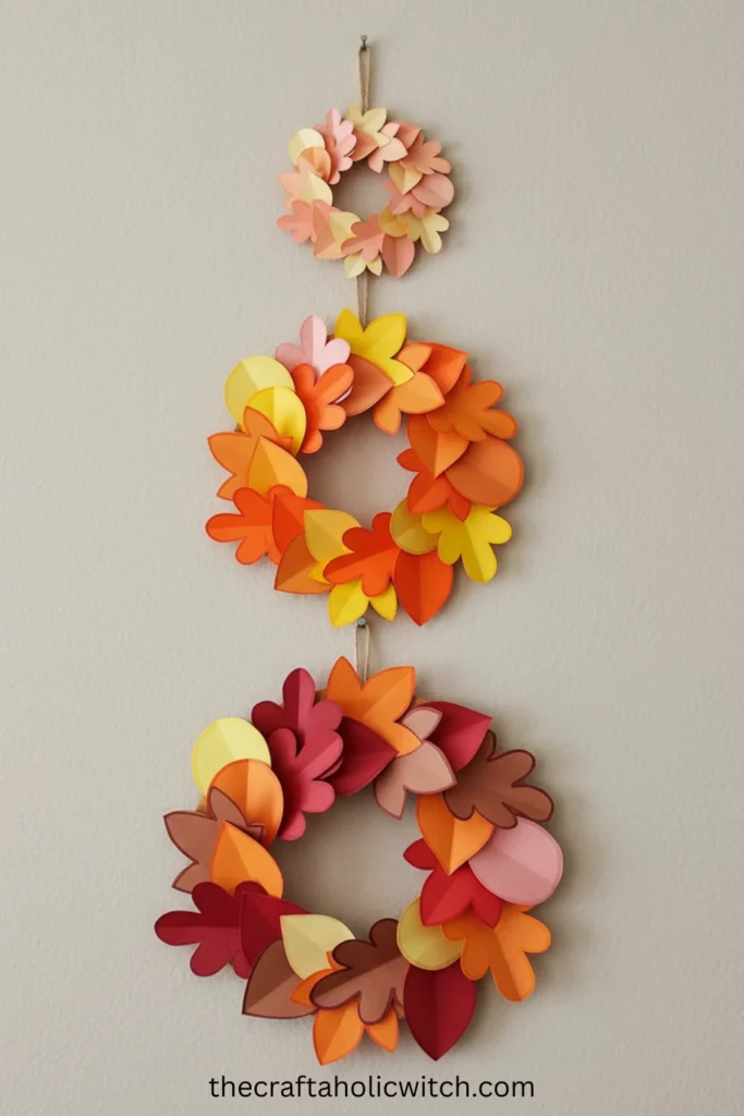 How to Make a Fall Paper Leaf Wreath (+ Free Template) 16 Three DIY fall wreaths in small, medium, and large sizes hung vertically on wall for dramatic statement display