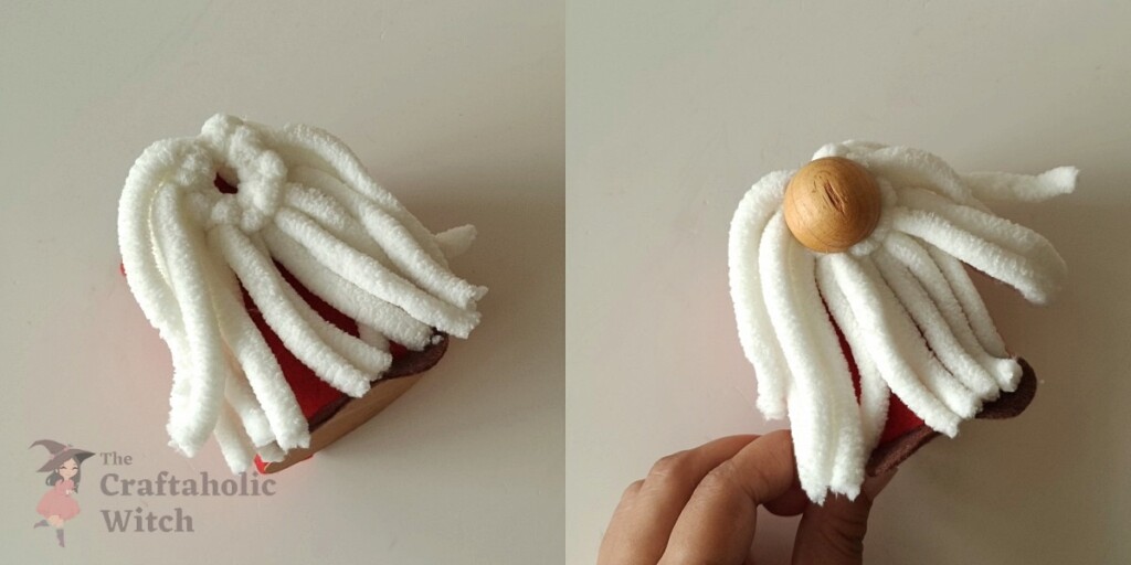 Yarn beard and wooden bead nose attached to felt-covered gnome body