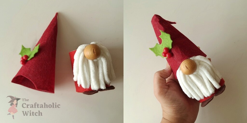 Completed Christmas gnome doll with trimmed beard and red felt hat with decorations