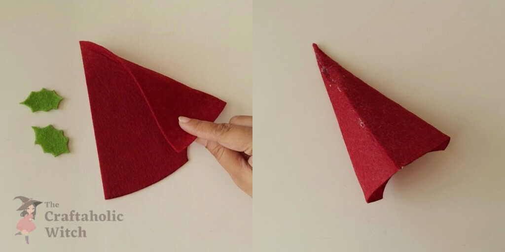 Triangular felt piece formed into cone shape for Christmas gnome hat