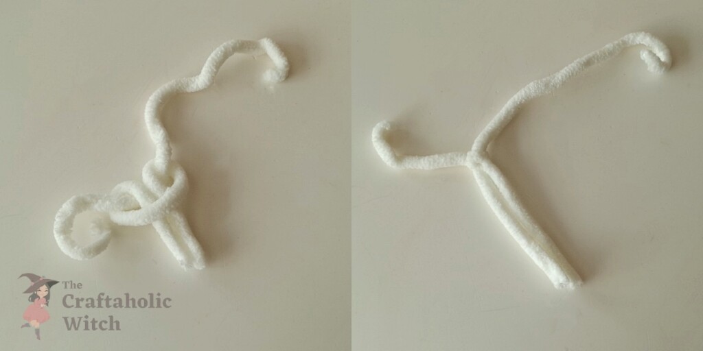 Lark's head knot being tied with yarn to create individual beard strand for Christmas gnome